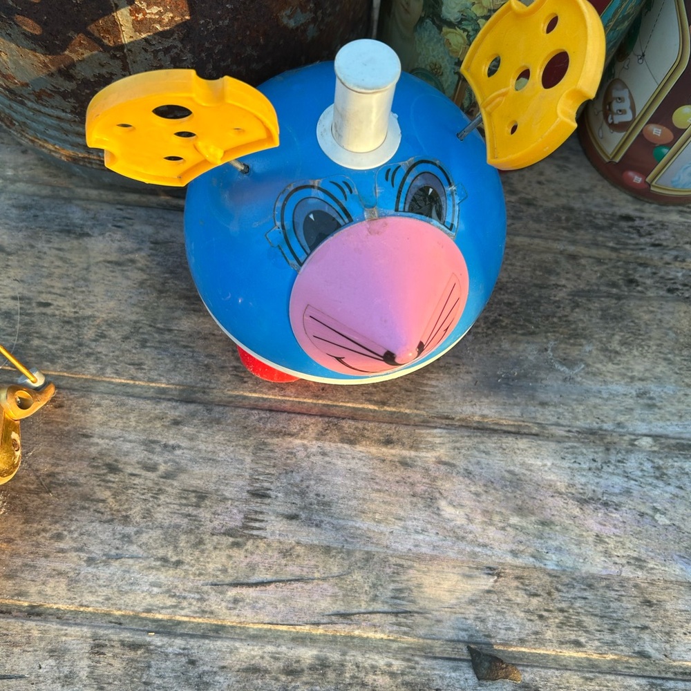 Vintage rolling  Blue Mouse Toy with Cheese Ears